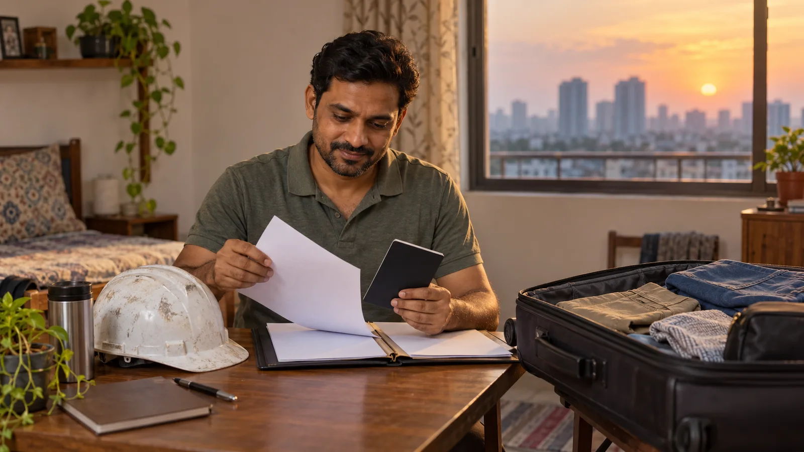 Indian tradesman sorts his passport and work papers beside a scuffed hard hat and a half-packed suitcase.