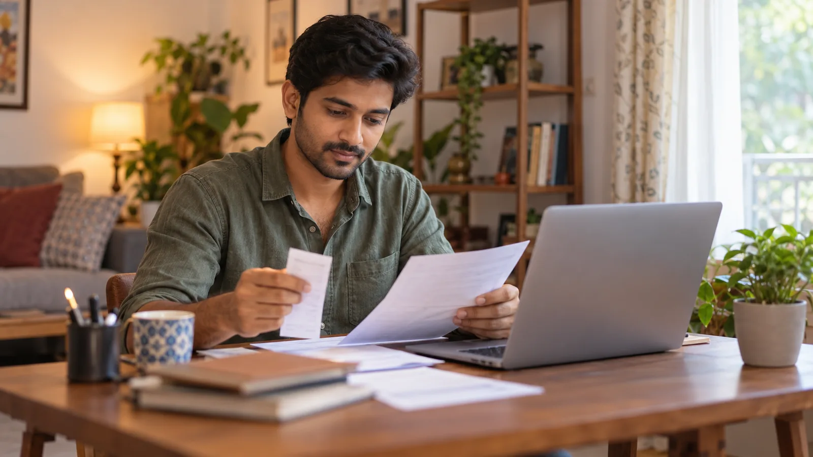 An Indian man reviews paperwork and a receipt beside a laptop at a warmly lit desk at home.