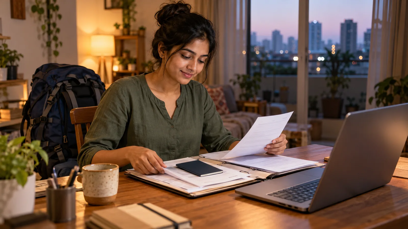 Young Indian woman organising travel papers and a passport beside a laptop, with a backpack behind her.