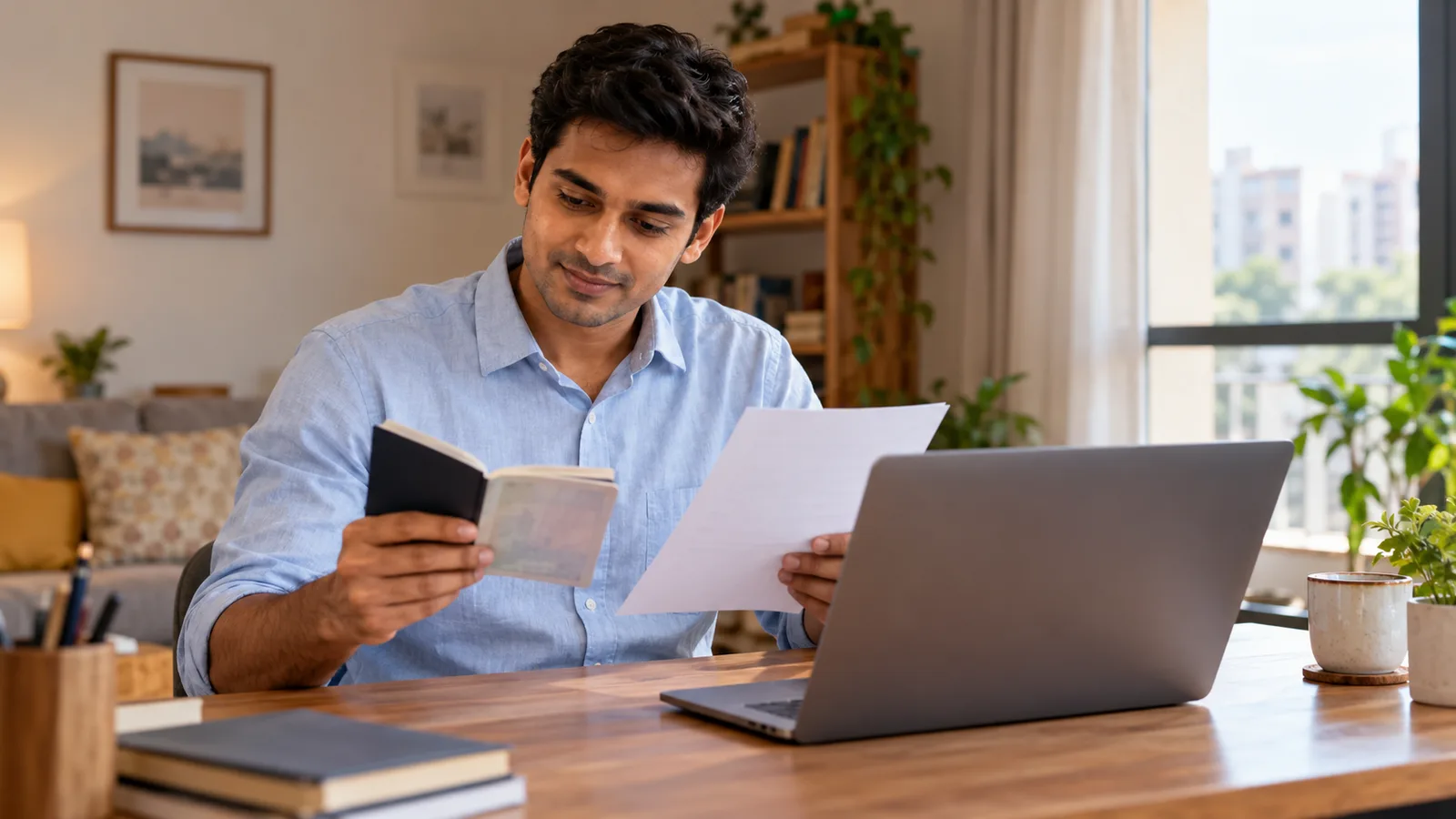 An Indian man checks his passport and paperwork beside a laptop at a sunlit desk in his Pune apartment.
