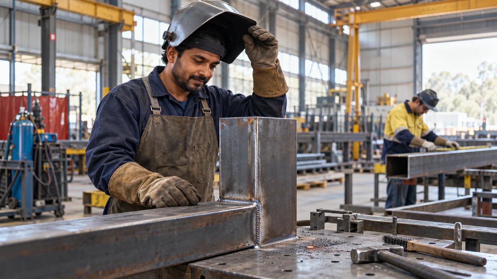 An Indian welder lifts his helmet to inspect a steel joint in an Australian fabrication workshop.