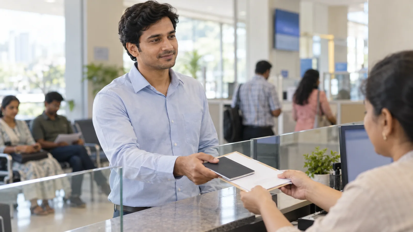 Indian professional handing his passport and papers to a clerk across a bright document centre counter.