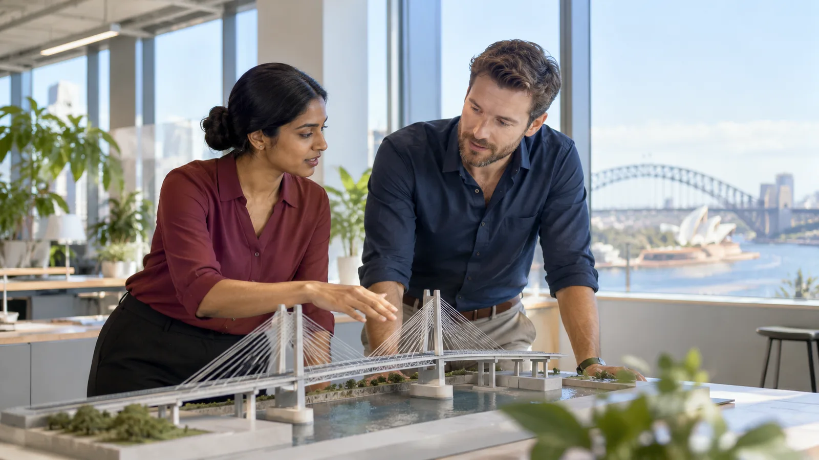An Indian engineer discusses a bridge model with a colleague in an Australian studio.