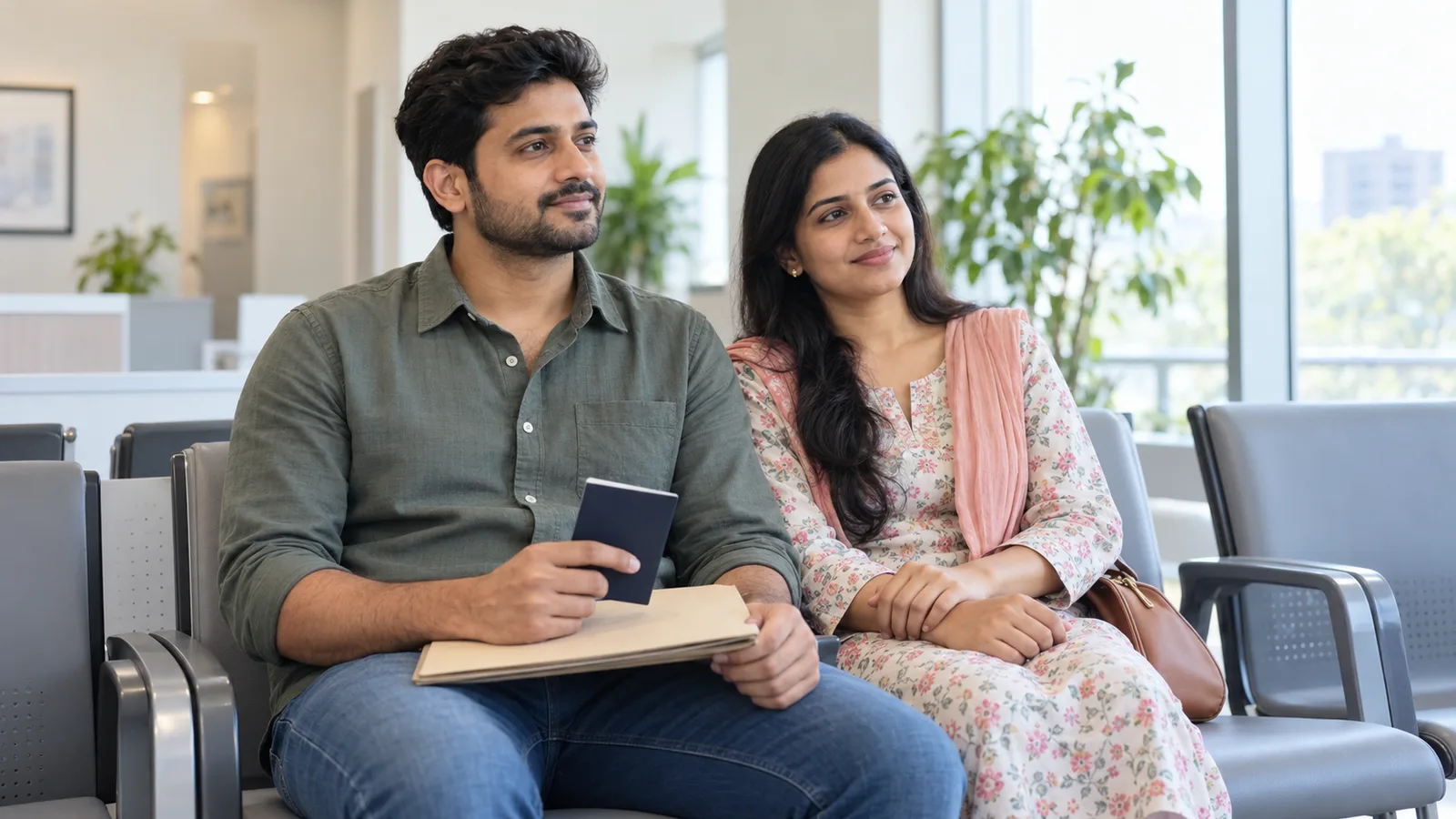 An Indian couple waits in a bright clinic in Pune, with the man holding a closed folder and passport.