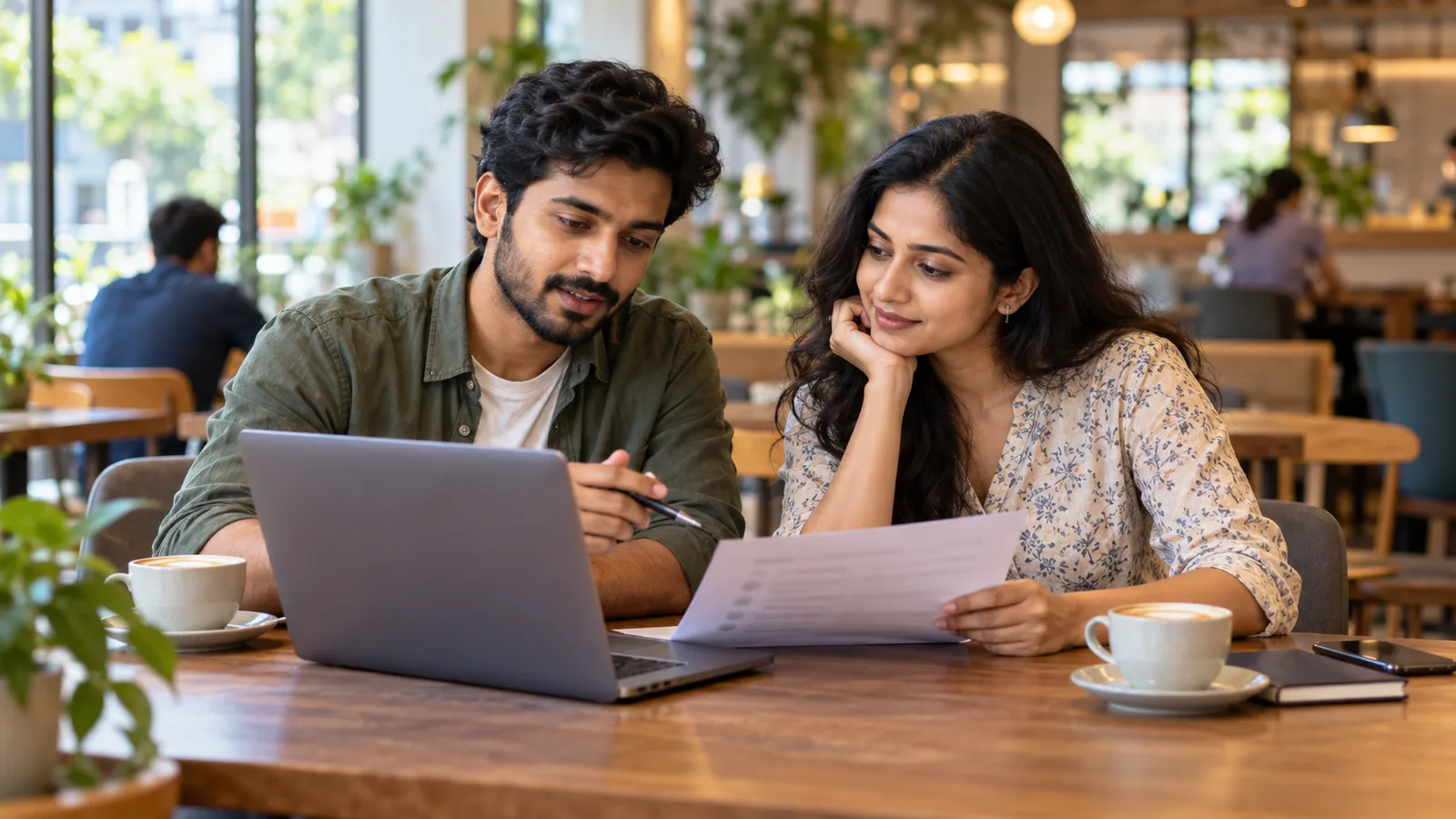 Two young Indian professionals review a laptop and printed checklist at a sunlit café table in Bengaluru.