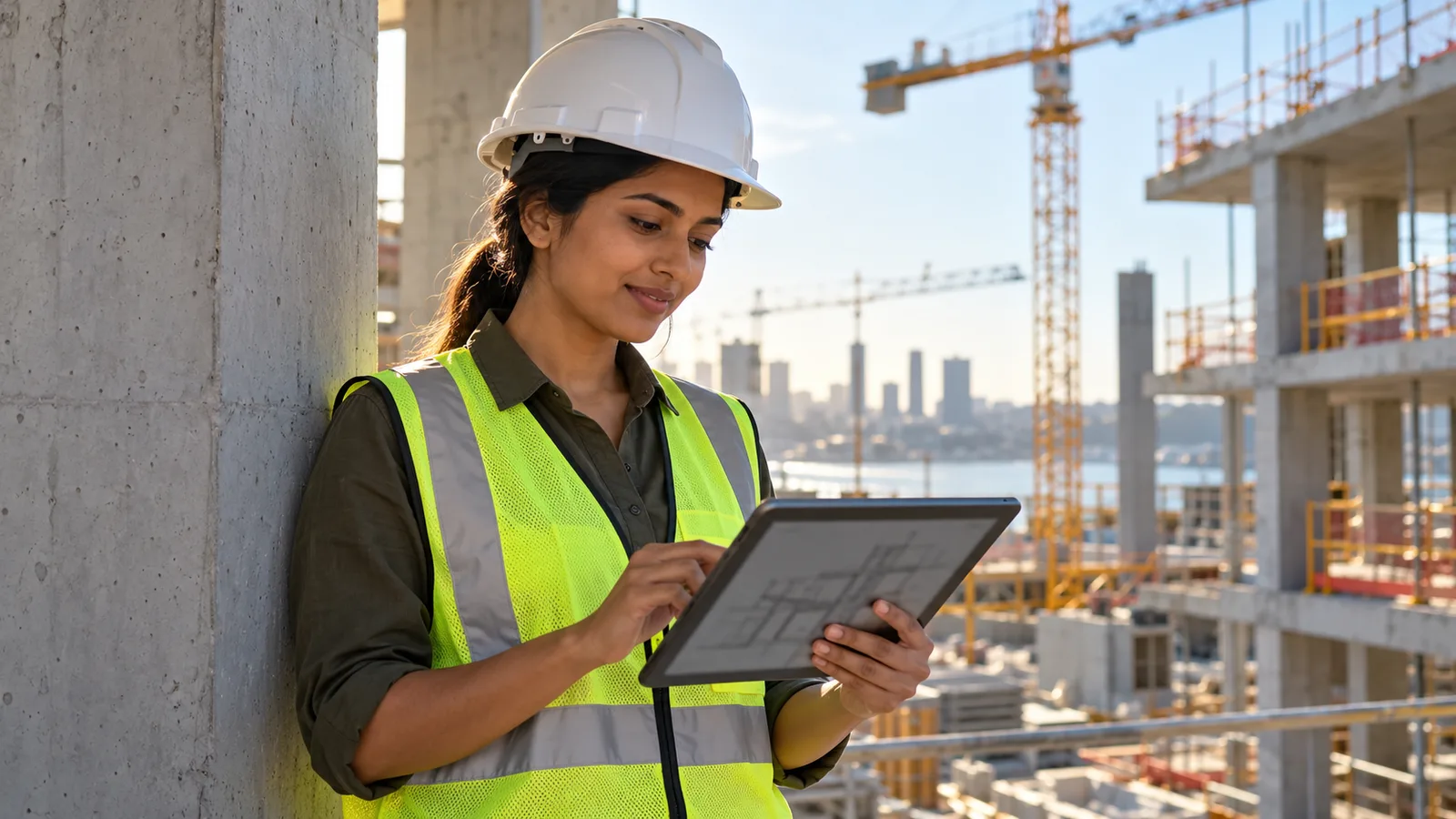 Indian civil engineer reviewing structural drawings on a tablet beside a concrete column at an Australian construction site.
