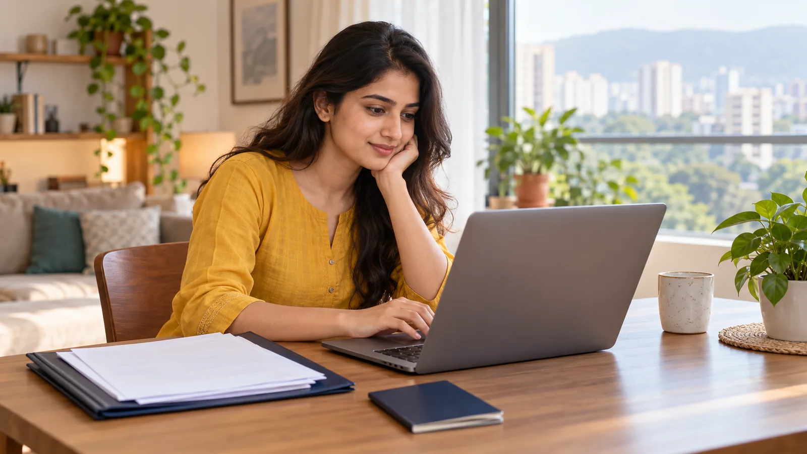 Indian graduate in a yellow kurta checks a laptop beside a passport and folder of papers in a bright apartment.