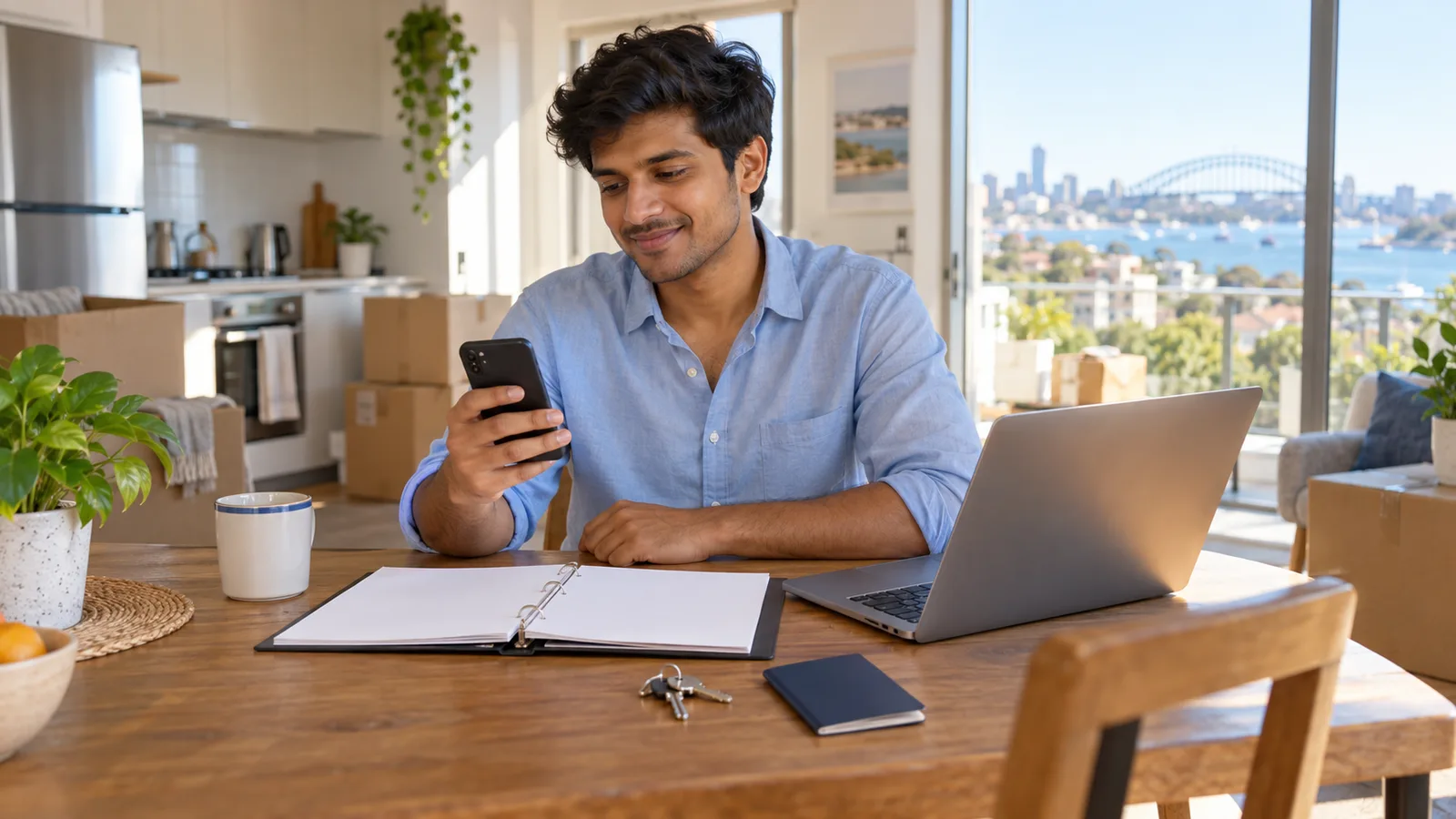 An Indian man checks his phone at a kitchen table in a sunny Sydney flat with a laptop, papers, passport and keys.
