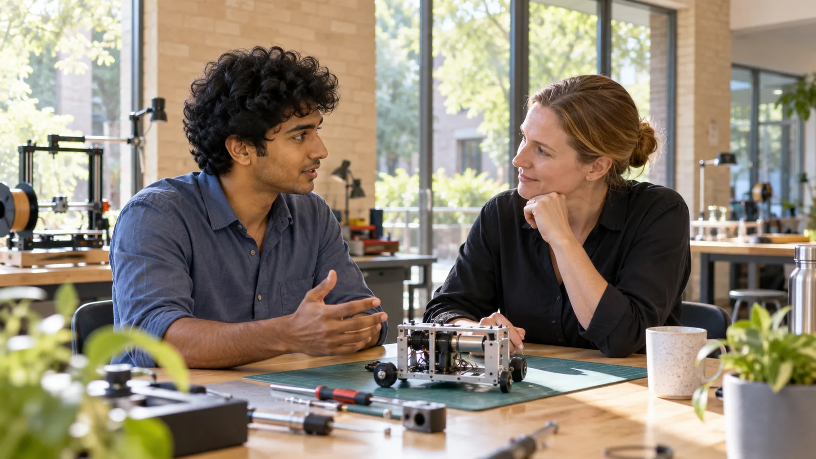 An Indian master's graduate discusses engineering career plans with an Australian university mentor.