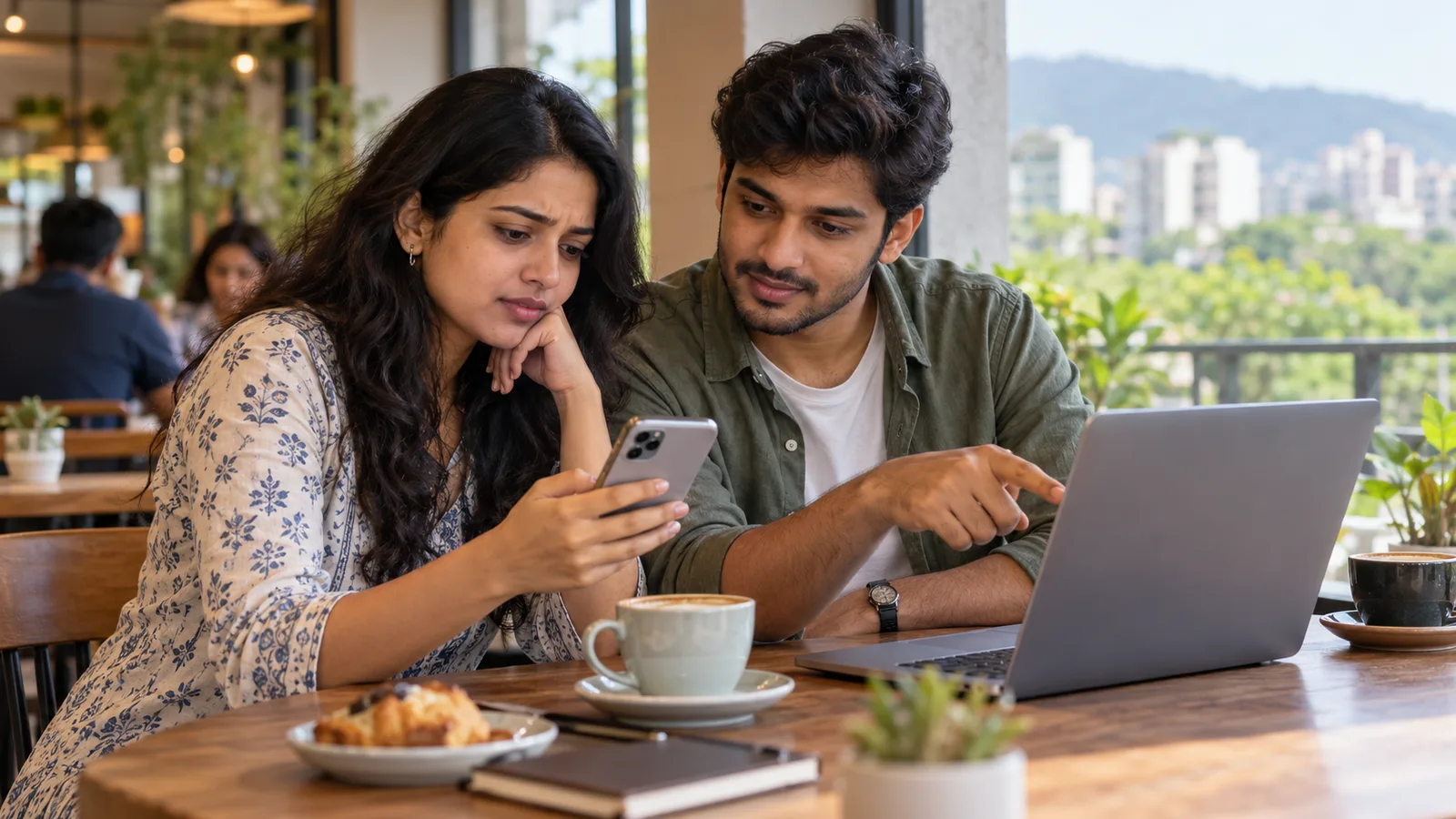 A young Indian woman checks her phone while a man points to a laptop at a sunlit café table in Pune.