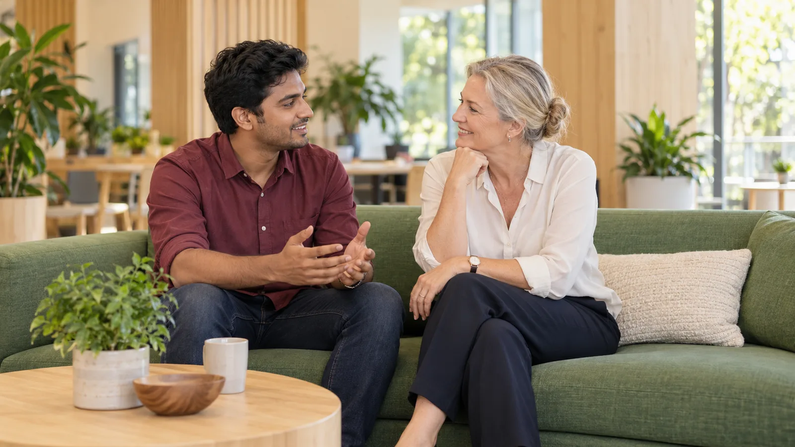 An Indian professional discusses reskilling with a mentor in an Australian workplace lounge.