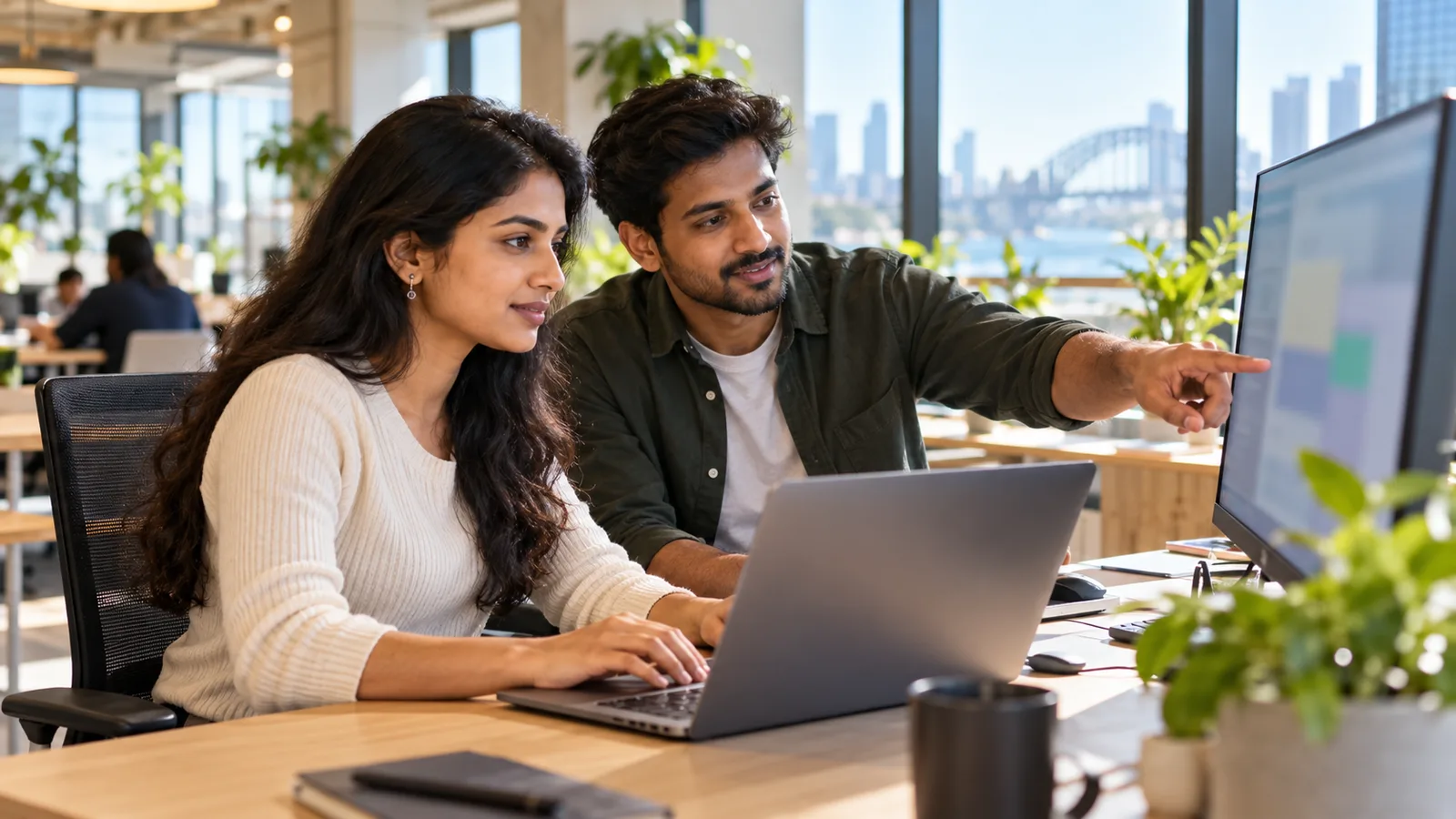 An Indian woman software engineer and male colleague review a monitor beside a laptop in a bright office.