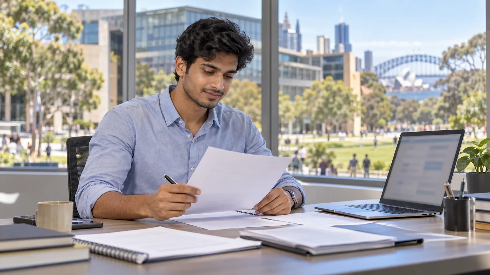 An Indian graduate reviews paperwork beside a laptop at a desk overlooking an Australian university campus.