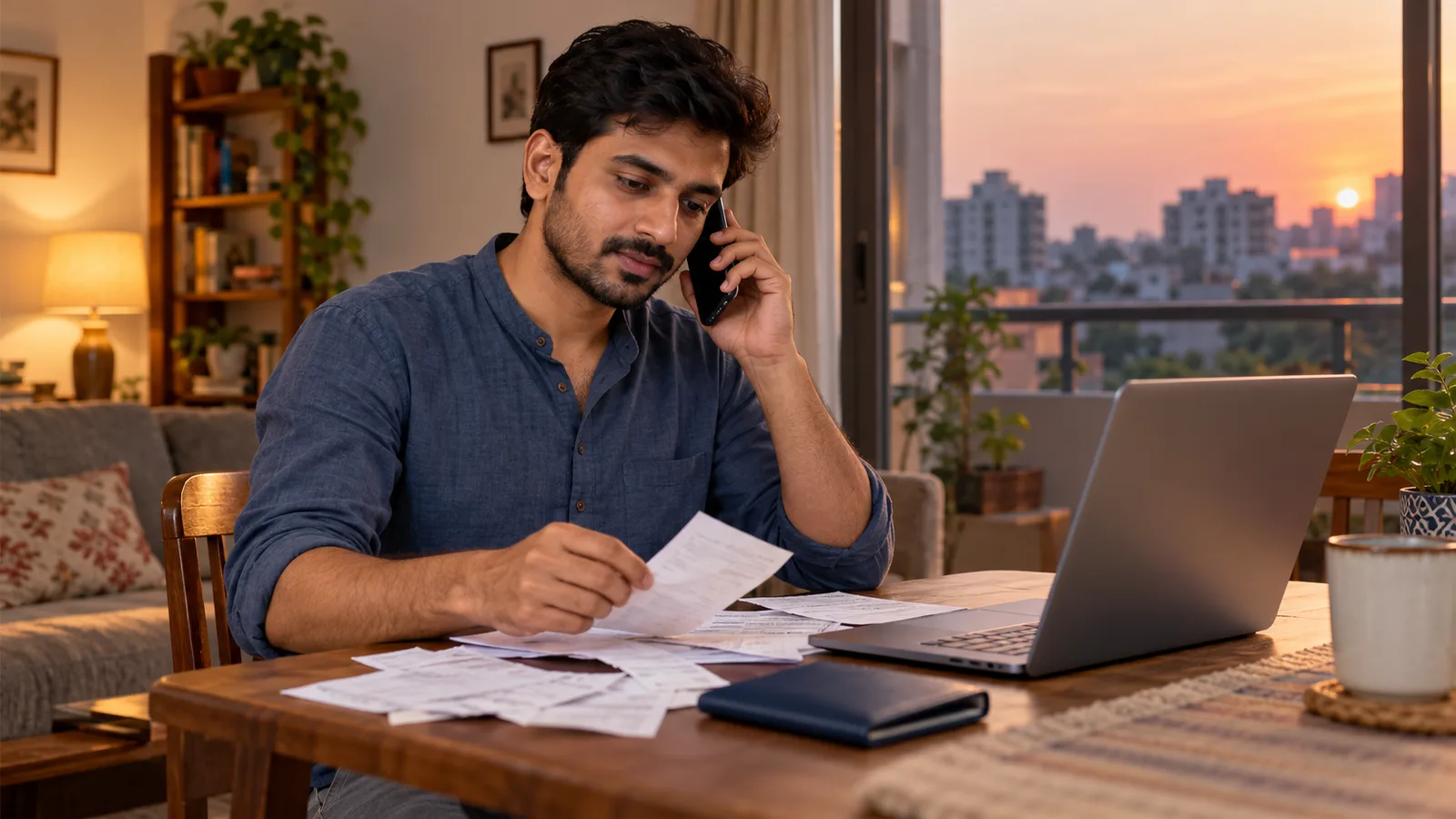 Indian man on a phone call at home, sorting receipts beside an open laptop in warm evening light.