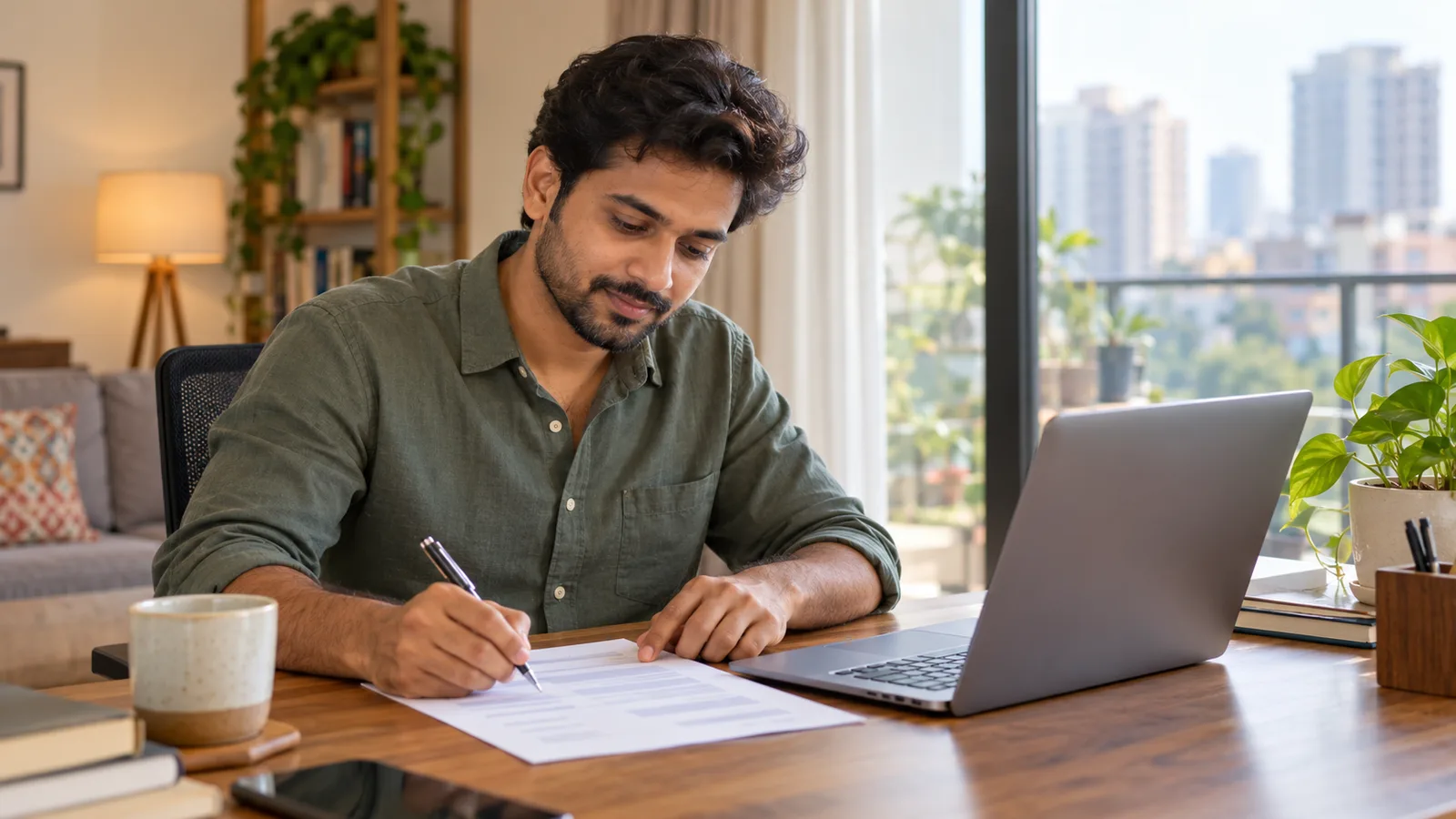 Indian professional editing a printed resume with a pen at a sunlit home desk beside an open laptop.