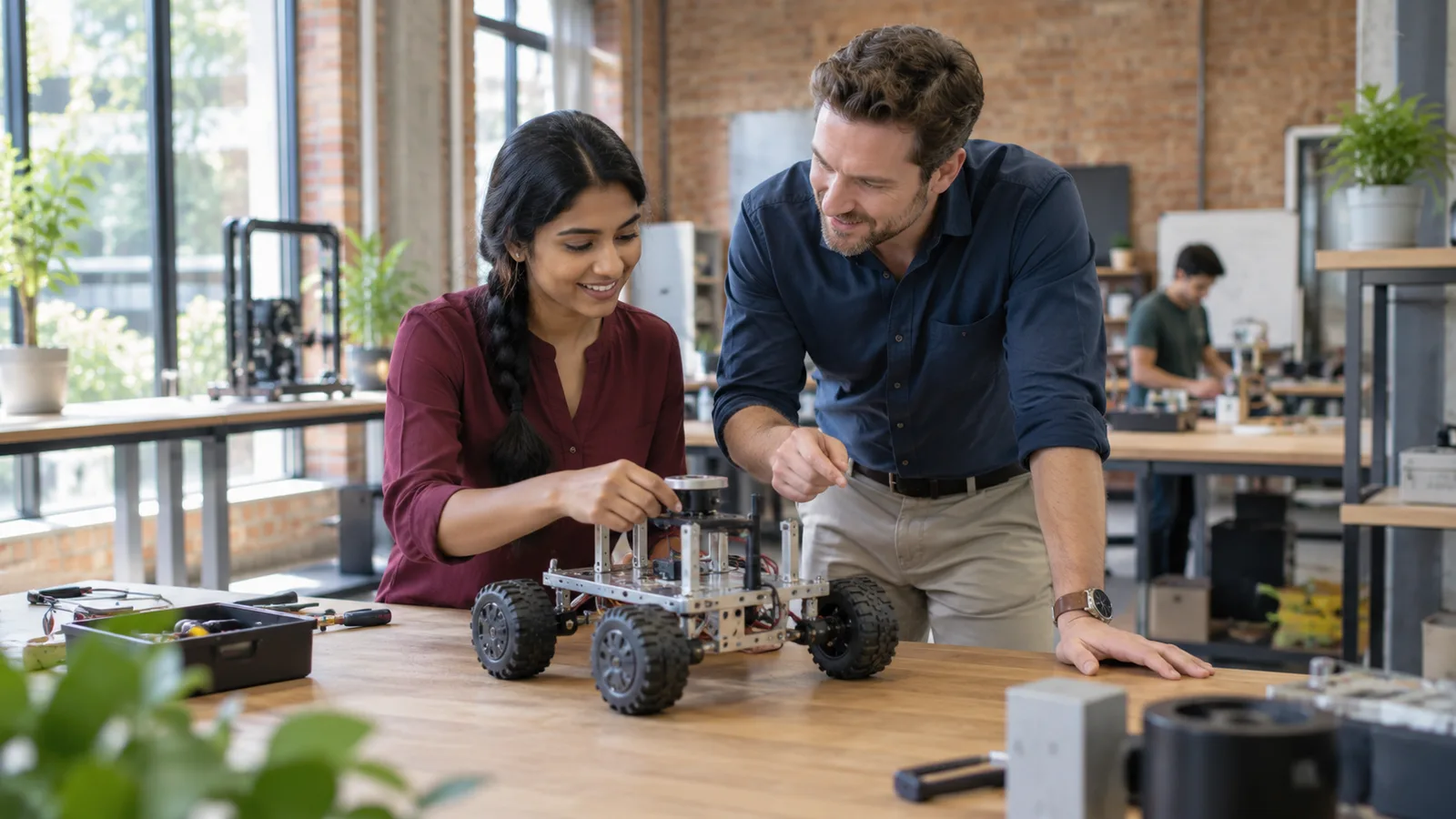 An Indian graduate discusses an engineering prototype with an Australian industry mentor.