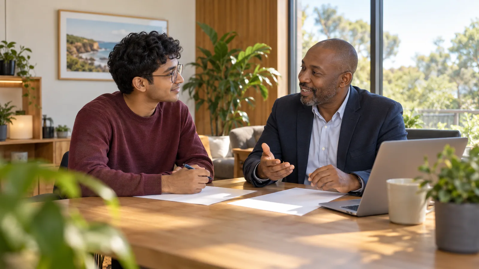 An Indian student discusses study plans with a trusted adviser in an Australian consultation room.